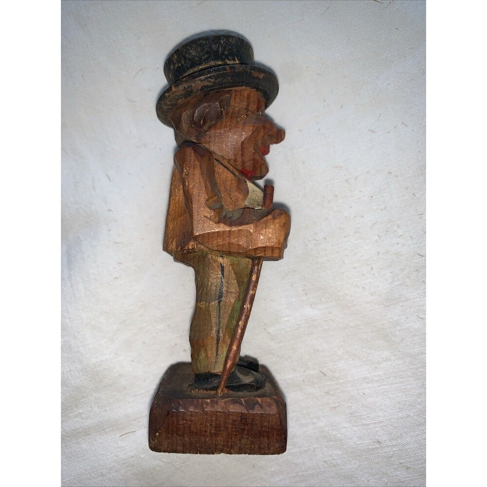 Vintage Hand Carved Wooden Man FolkArt Villager Figurine Top Hat Cane ANRI Style - Picture 4 of 16